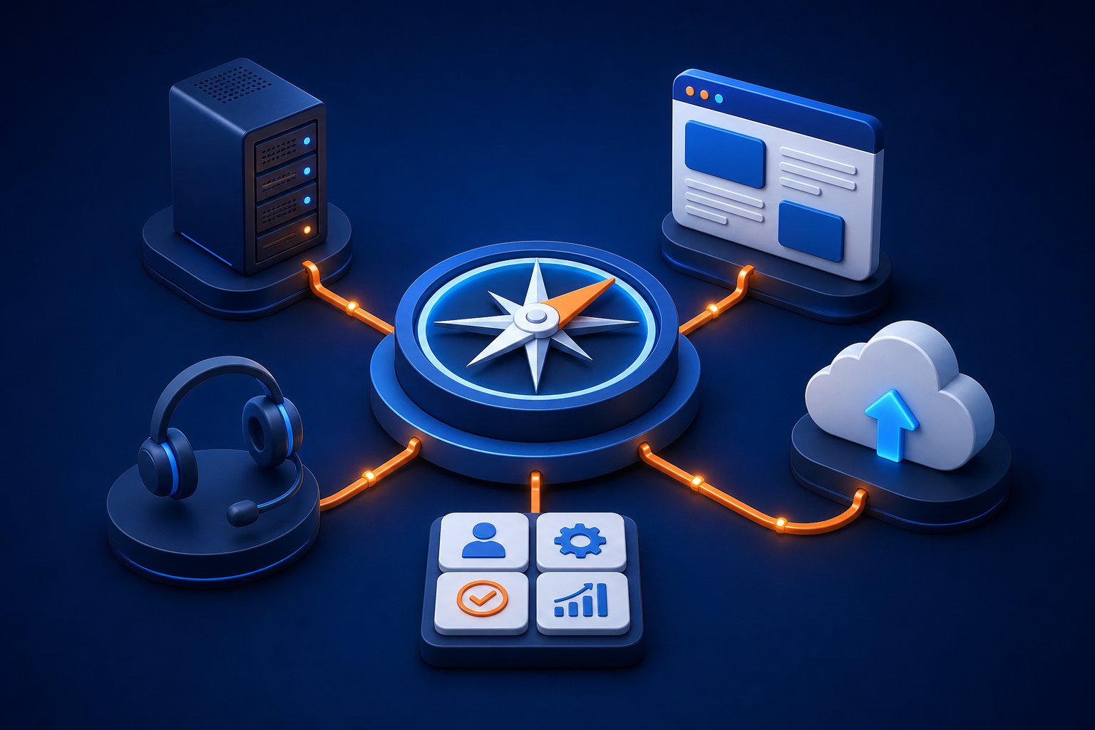 Connected technology team and business systems illustration