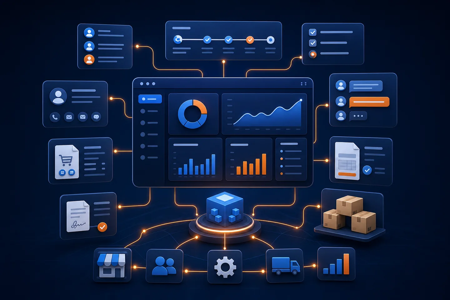 Connected business system combining leads, customers, tasks, quotations, invoices, inventory, reports, and collaboration
