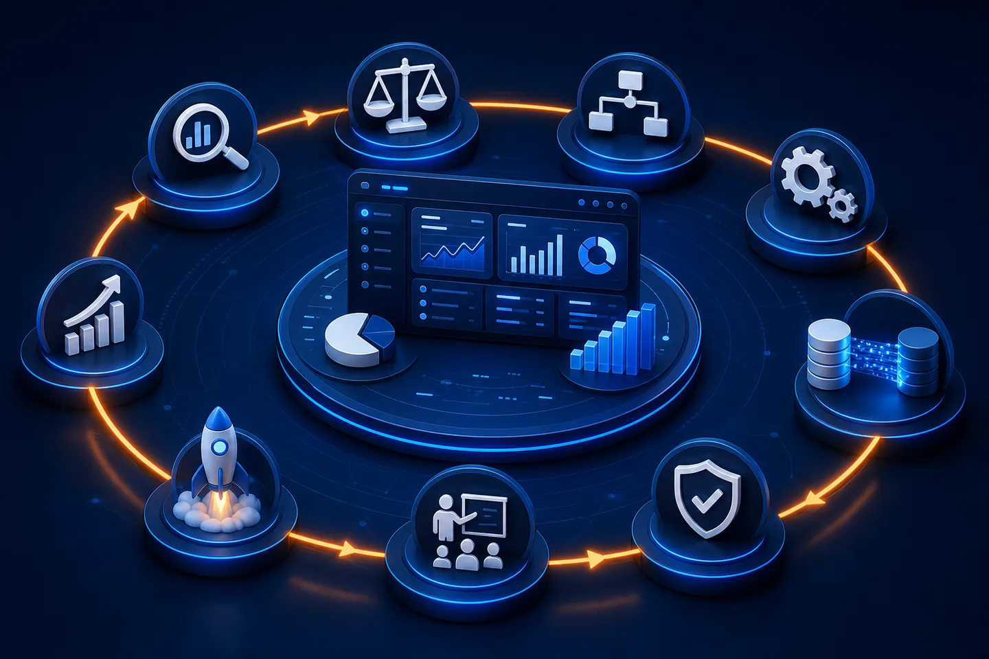 Business software implementation process from discovery and platform selection through migration, testing, training, launch, and optimization