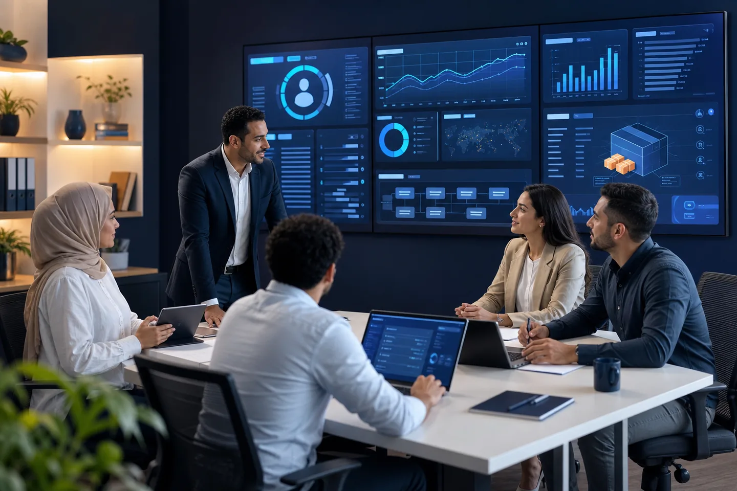Egyptian business team collaborating around connected CRM, ERP, customer, sales, inventory, and reporting dashboards