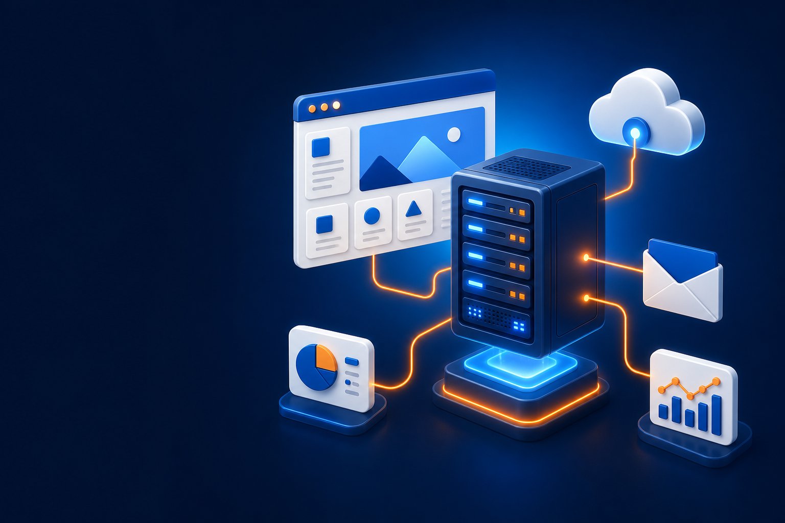 Connected hosting, website, cloud, email, and analytics illustration