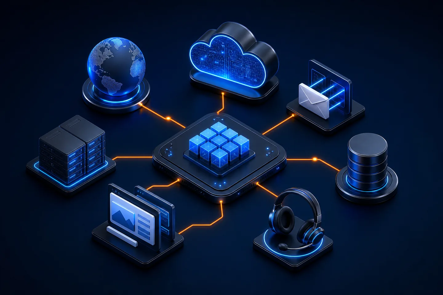 Complete managed hosting ecosystem connecting servers, websites, email, databases, DNS, and technical support