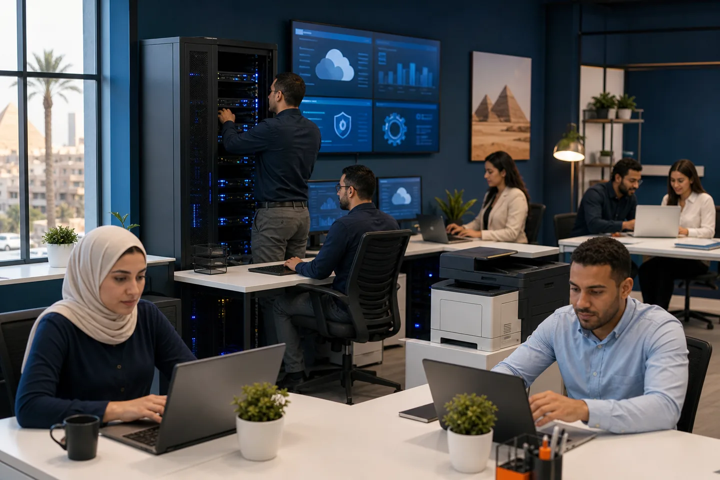 Egyptian business employees working while managed IT support monitors devices, networking, backups, and user access
