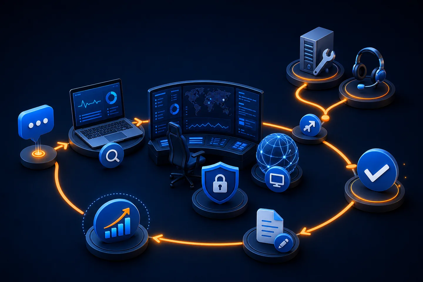 Connected users, devices, networks, cloud systems, diagnosis, escalation, and IT support workflow